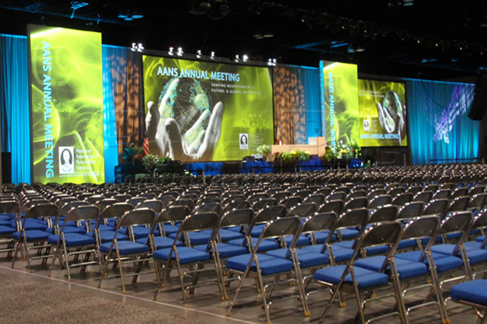 <p>San Diego Convention Center - San Diego, CA<br />
The General Session featured Barco Encore switching for the 18'x32' center screen, (2) 15'x20' outboard screens for IMAG, and (2) 12'x20' vertical graphics screens utilizing (4) High End DL3 fixtures.</p>
